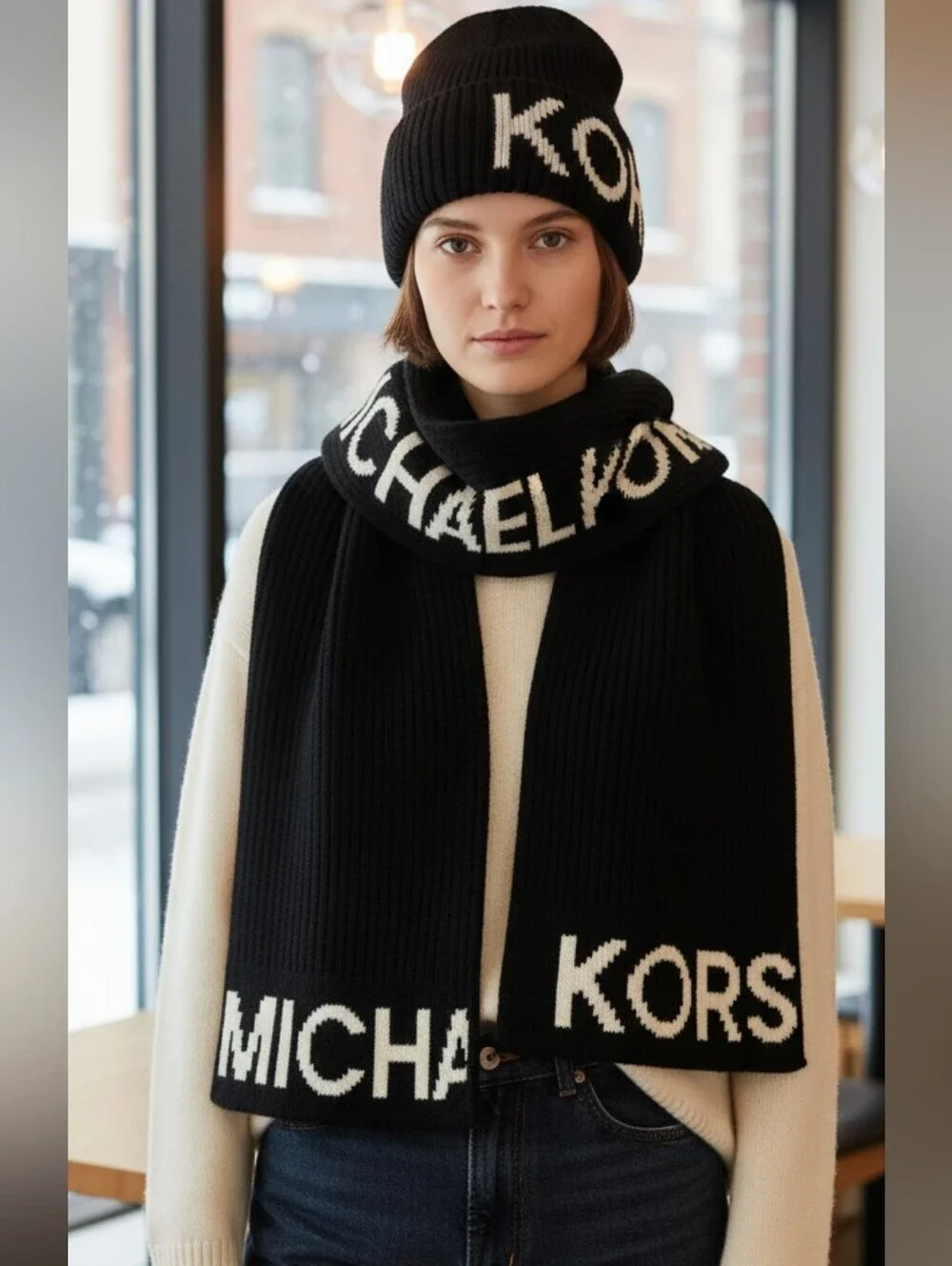 NEW NIB Michael Kors Women's Fishermans Rib Beanie Black White Scarf Set Gift